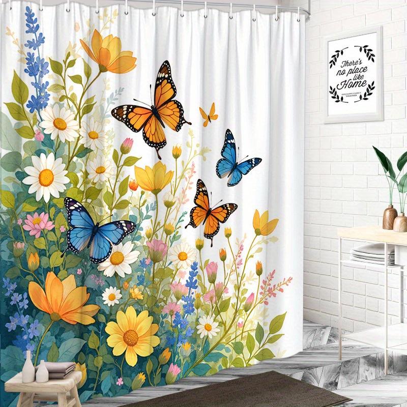 Colorful Garden Shower Curtain - Butterflies, Orange & Yellow Daisies, Pink & White Blossoms, 70x70", Polyester, 12 Hooks