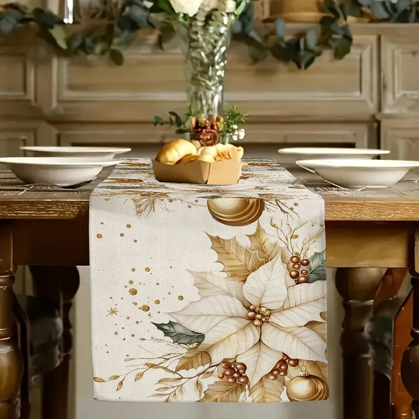 

1 Piece Of Light Luxury Gold Leaf Christmas Table Runner, With A Base Painted In Gold Poinsettias, Berries, And Decorative Ball Patterns, Suitable For 33X90Cm