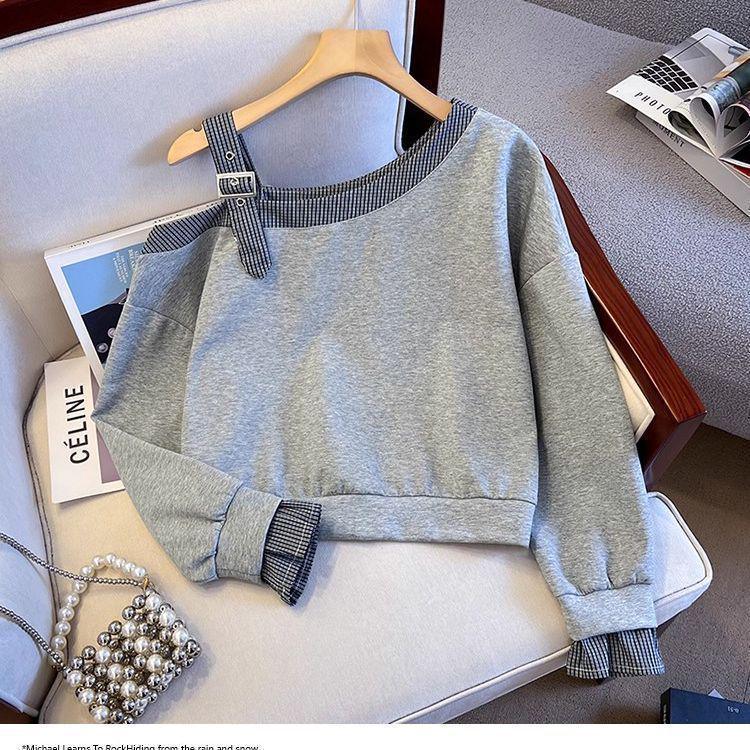 2025 Designer Off-Shoulder Slanted Neck Petite Sweatshirt Long-Sleeve Top for Spring & Autumn