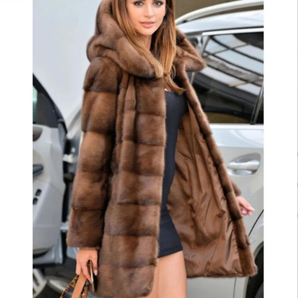Women's Mink Fur Coat Medium Long Hooded Coat Fur Plus Size Casual Winter Warm Loose 9XL