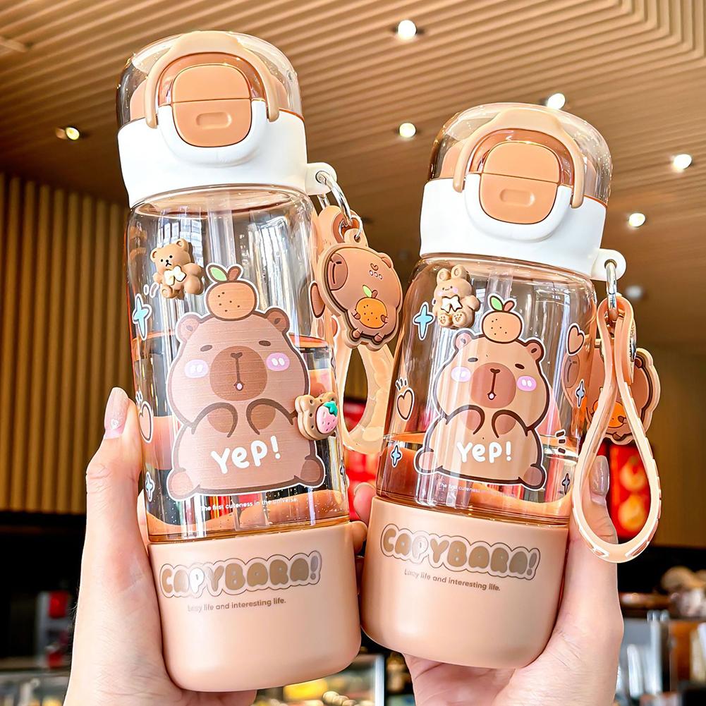 Cartoon Capybara Plastic Kapibara Cup & Straw and Portable Strap Portable Drinking Bottles School Work Travel Going Out Supplies