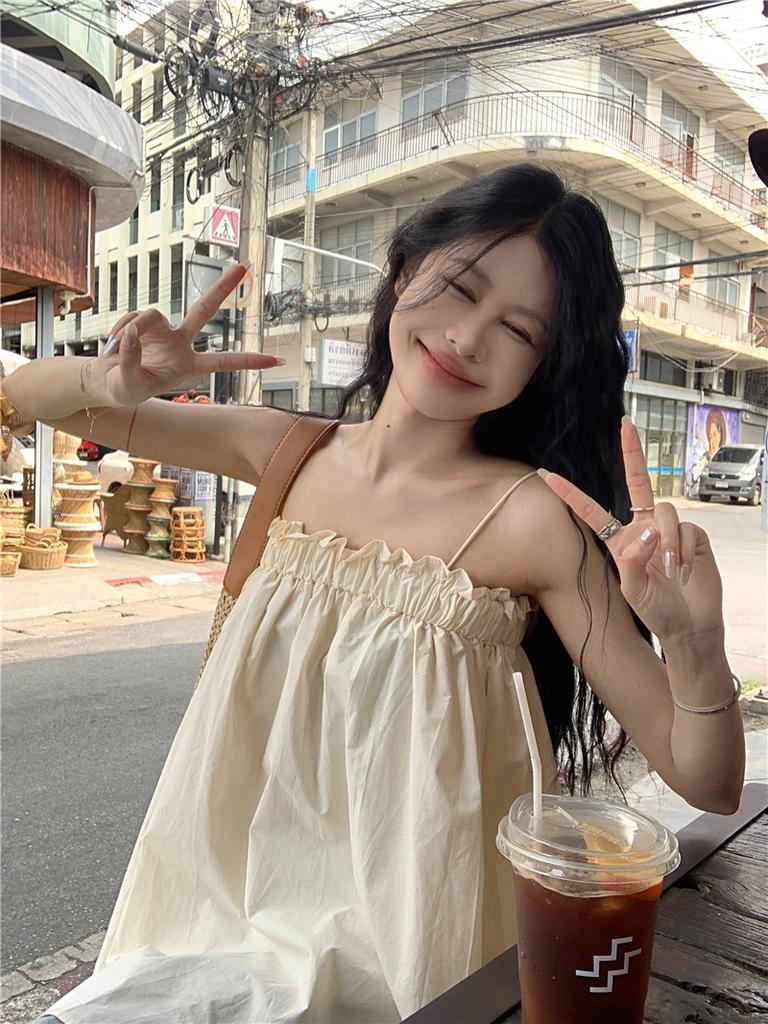apricot one-word shoulder sling vest women's summer seaside vacation style design sense fungus edge loose medium and long top