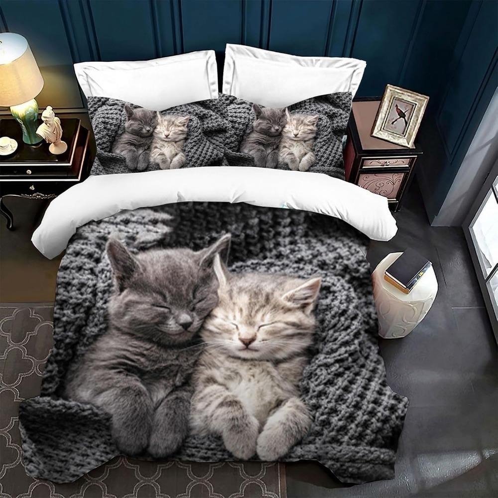 Cute Cat Duvet Cover 3D Cat Pattern 3-piece Set for Children and Adults, Bedding Set with Zipper, 2 Pillowcases, Ultra-fine Fibe