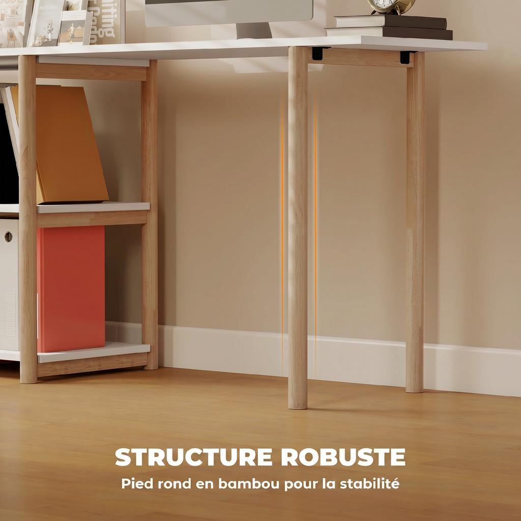 Folding Desk, Computer Desk, Storage Shelves, Bamboo Frame, White and Oak