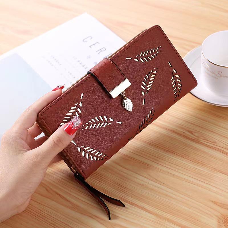 2023 New Ladies Wallet Hollow Leaf Pattern Pu Leather Zipper Closure Long Card Holder