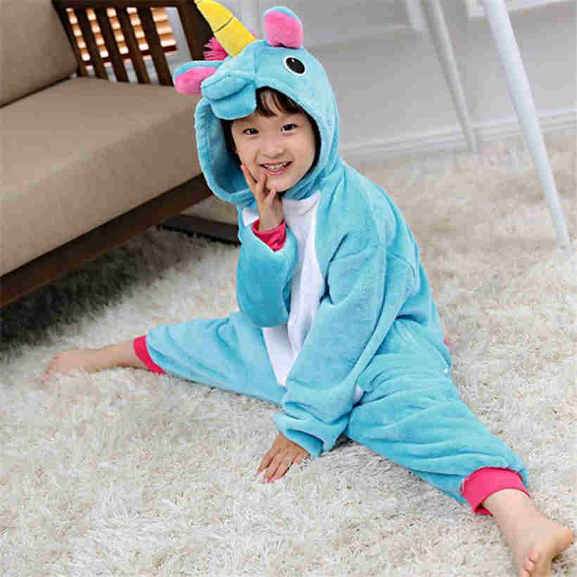 Autumn Winter Cartoon Animal One Piece Children Pajamas Flannel Coral Velvet Seepwear Set