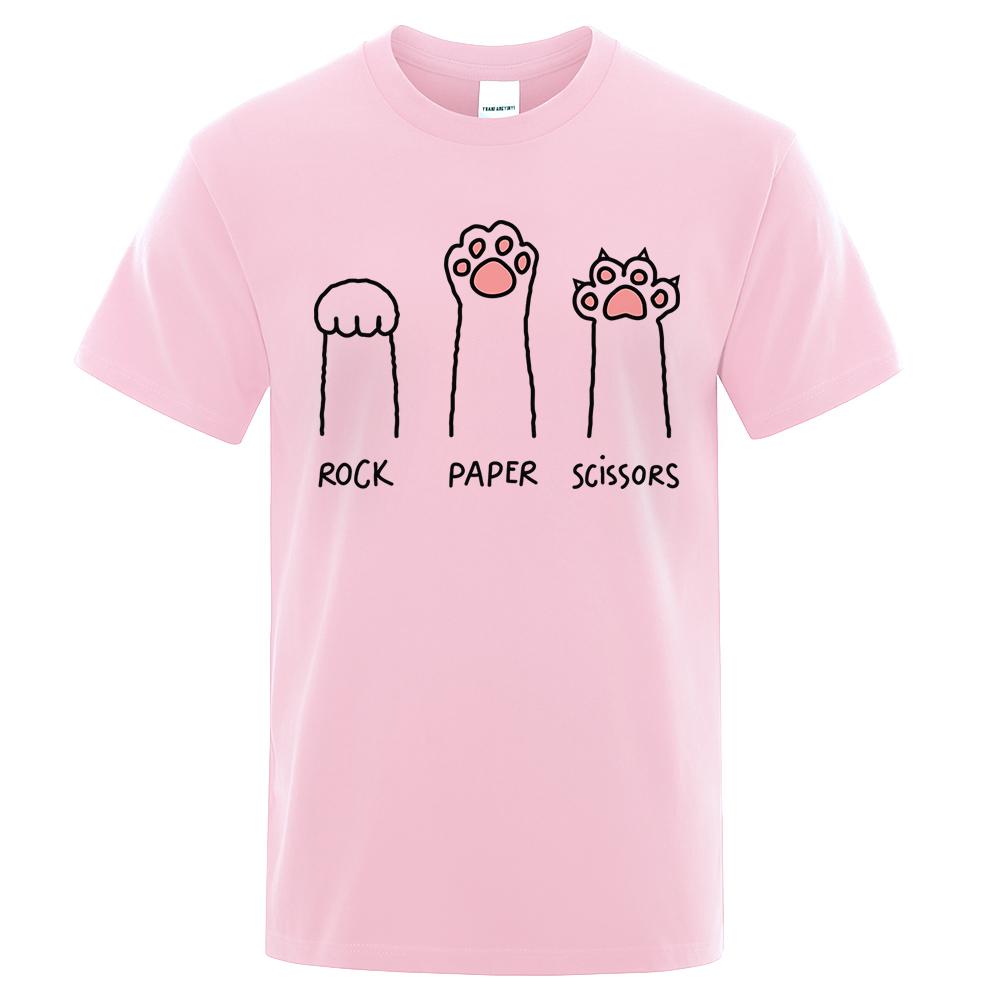 Rock Paper Scissors Funny Cat Print Clothes Men Fashion Oversize T-Shirt Casual Crewneck Tops Summer Cotton Loose T Shirt Couple