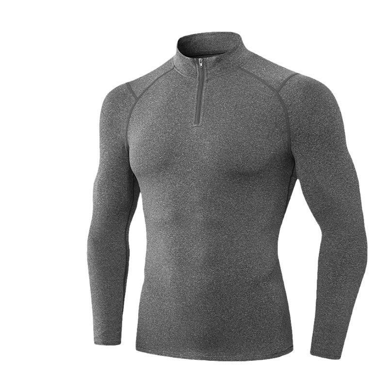 Cross-border Autumn/Winter Men's High-Elastic Half-Zip Velvet Fitness T-Shirt - Solid Color for Outdoor Running and Sports.