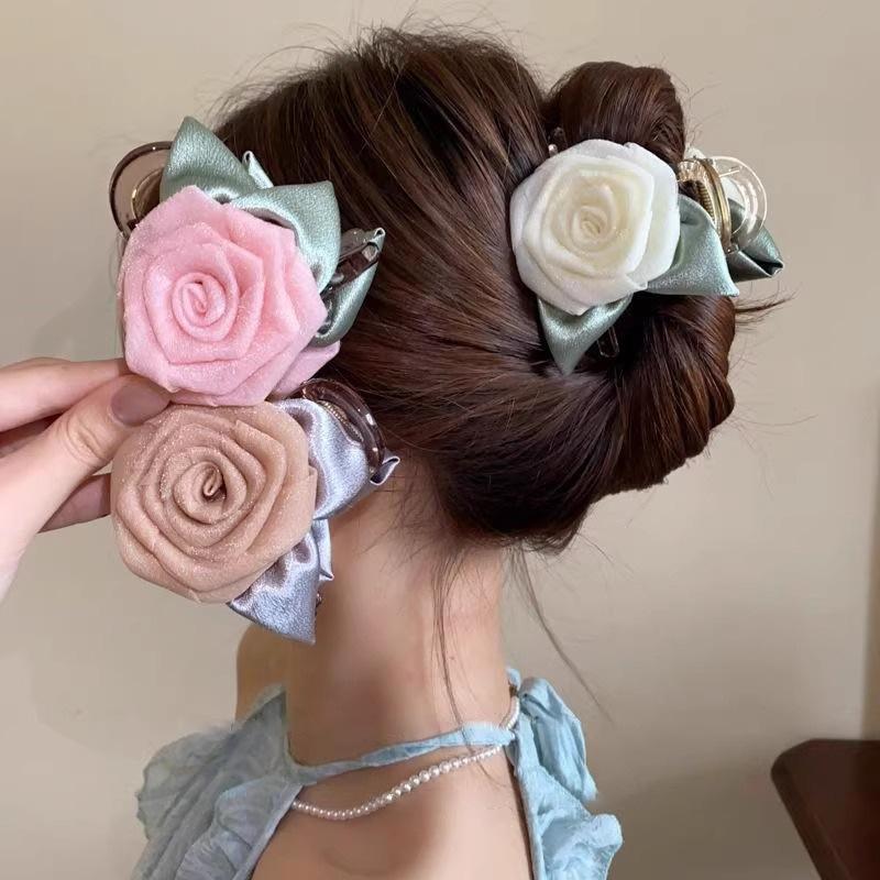 Sweet Versatile Mesh Flower Hair Clip For Woman Girls Elegant Temperament Rose Shark Clip Fashion Hair Accessories Gifts