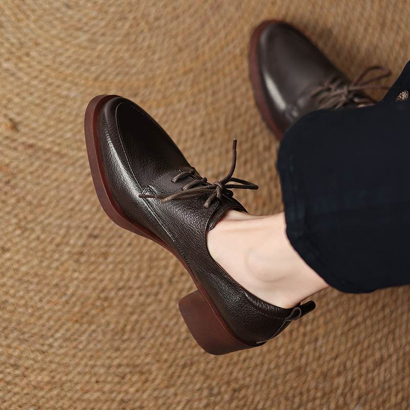 Krazing Pot Sheepskin Autumn Winter Shoes Chunky Heels Size 43 Size 42 Round Toe Lace Up Deep Mouth Retro Fashion Pumps