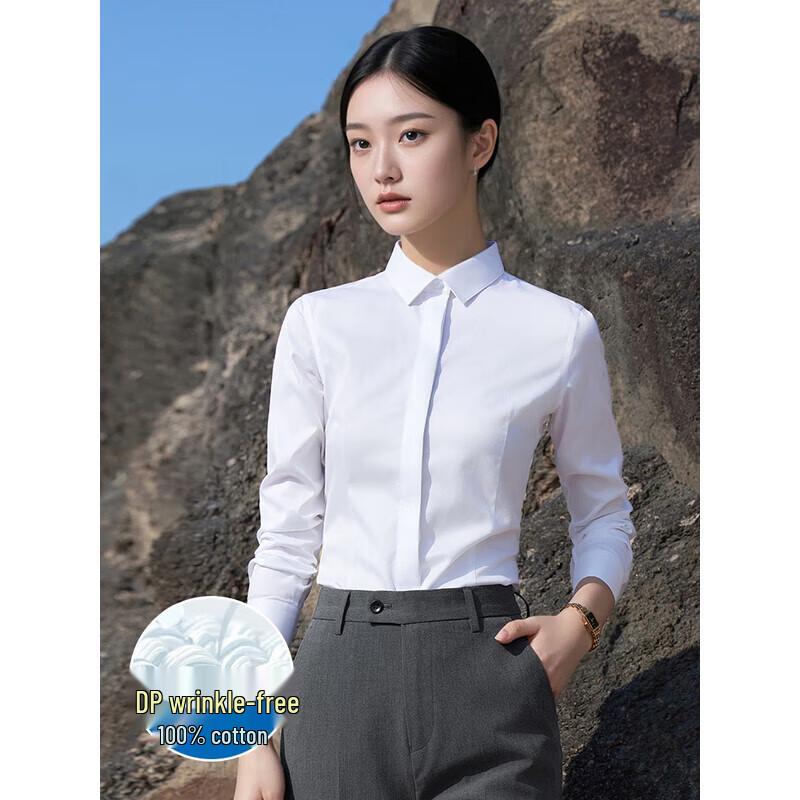 Troyman Women s DP Anti-Wrinkle 100% Cotton White Long-Sleeve Shirt M