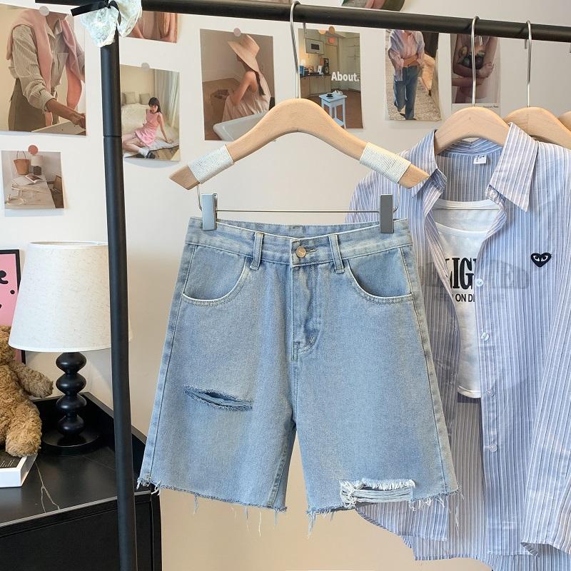 

DIMANAF 2025 Новые летние джинсы Короткие джинсы Брюки с дырками Женские свободные повседневные джинсовые шаровары Большие синие брюки 4XL синий