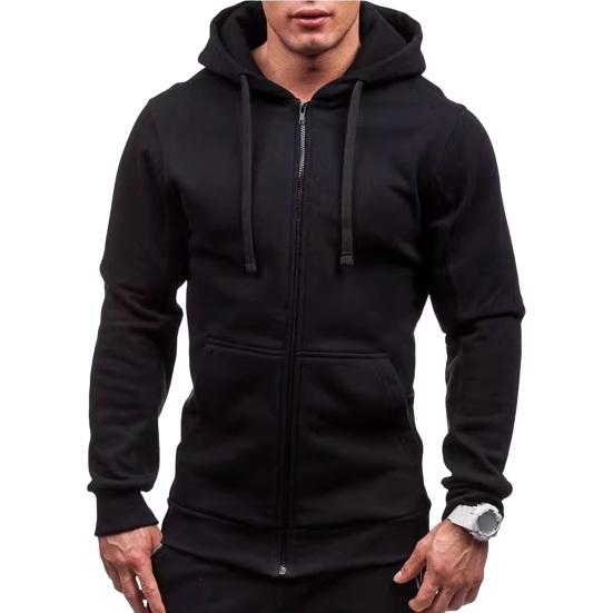 Fall Winter Men Jacket Hooded Drawstring Zip-up Long Sleeves Solid Color Cardigan Elastic Cuff Pockets Mid