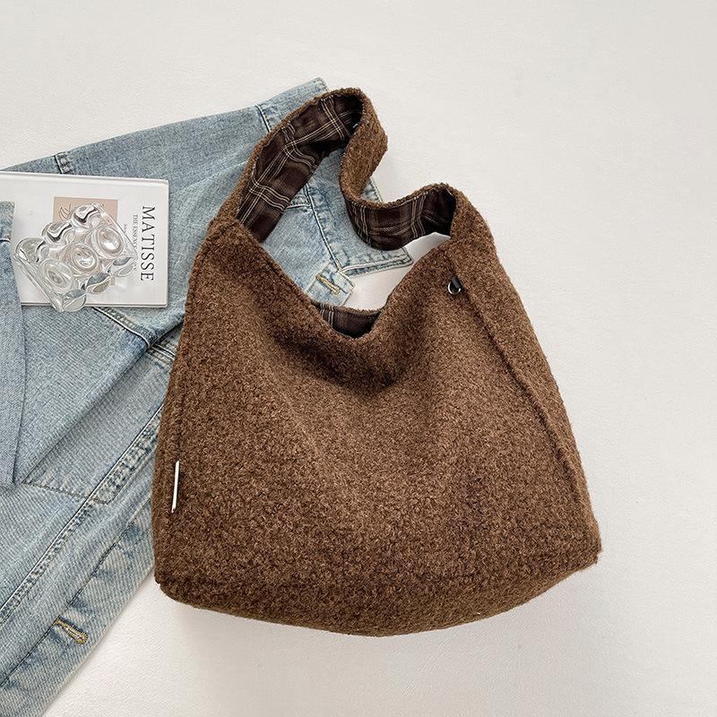 

Корейская клетчатая сумка-тоут на плечо и через плечо из овечьей шерсти для женщин - Большая вместимость, Повседневный стиль осени 2025