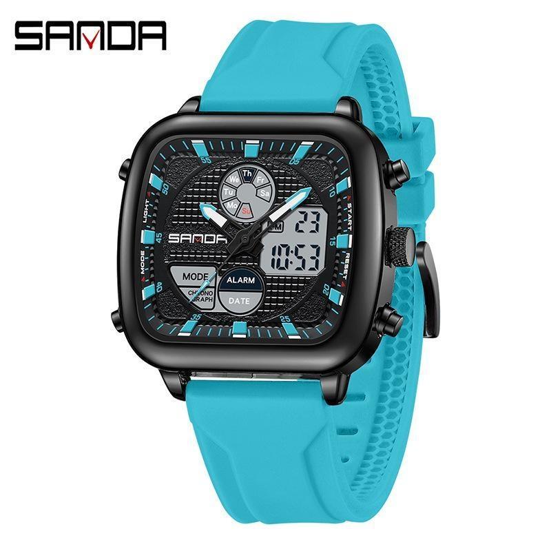 SANDA Retro Square Double Display Electronic Watch Night Light Waterproof Business Leisure Men's Watches Sports Silicone Strap Wristwatch