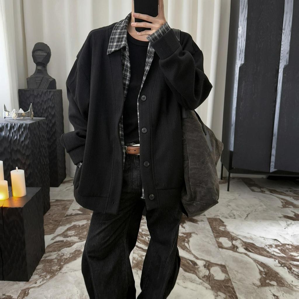 Top-Rated Unisex Korean Patchwork Cardigan: Two-Piece Look, Knit Sweater for Spring & Autumn