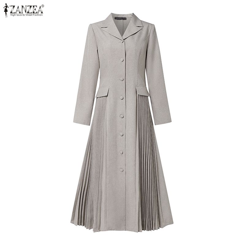 ZANZEA Women Casual Turn Down Collar Long Sleeve Midi Dress
