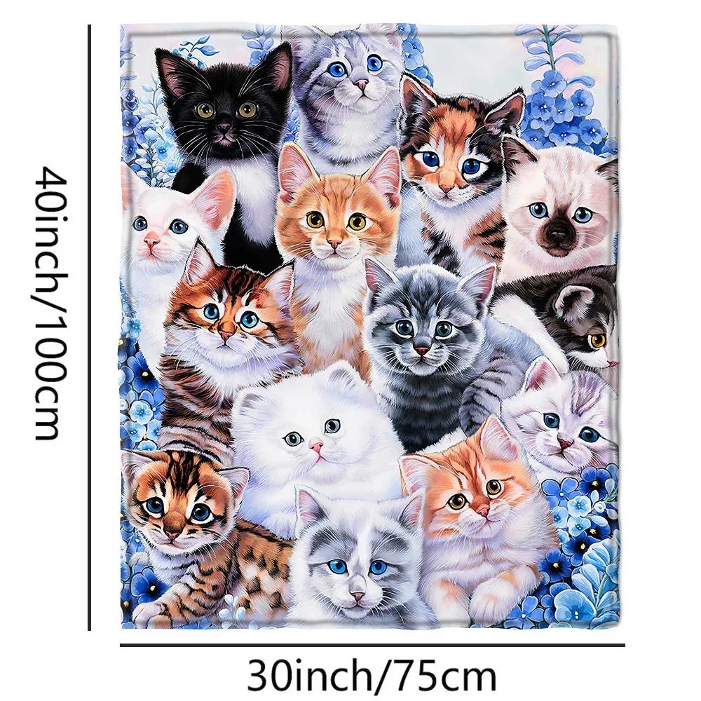 Cute Cat Print Microfiber Blanket – Super Soft Lightweight Throw for Bed, Sofa, Camping or Picnic – Warm Winter Plush Blanket