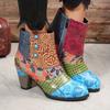 Women'S Floral Print Chunky Heel Ankle Boots - Vibrant Ethnic Design, Round Toe Zipper Closure, Synthetic Cover & Rubber Sole, All-Season Casual Shoes