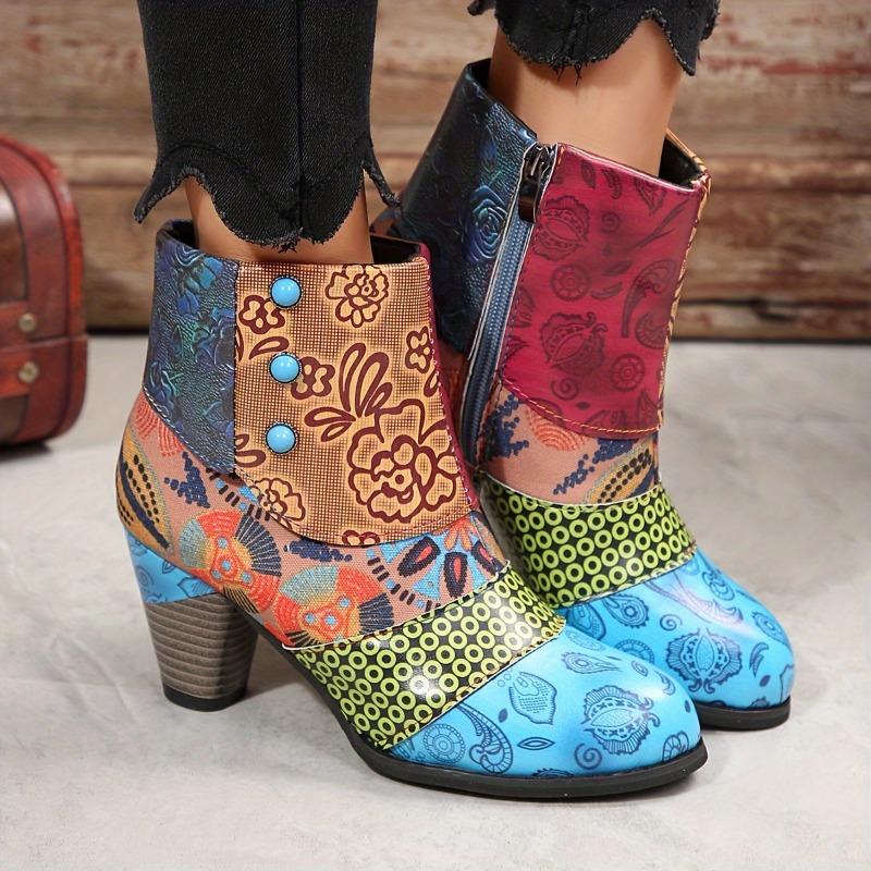 Women'S Floral Print Chunky Heel Ankle Boots - Vibrant Ethnic Design, Round Toe Zipper Closure, Synthetic Cover & Rubber Sole, All-Season Casual Shoes