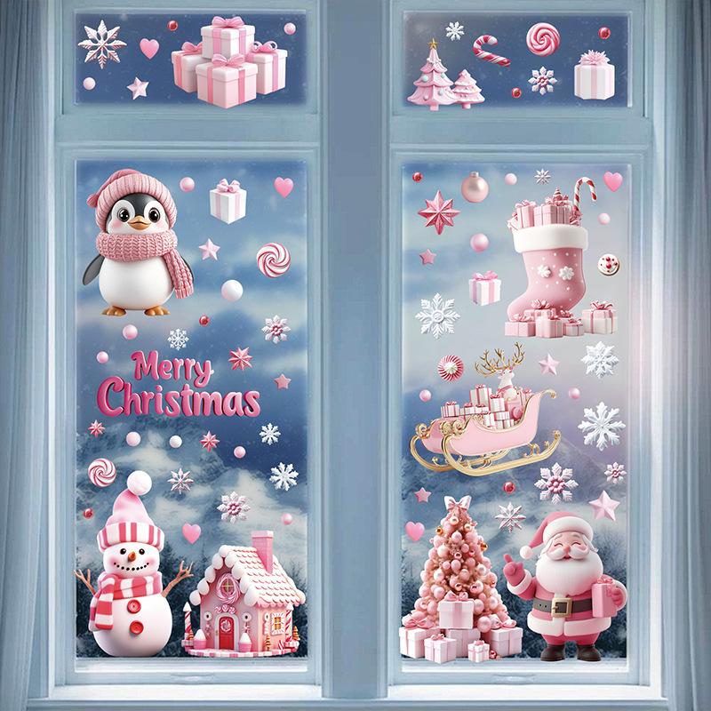 Pink Christmas Wall Stickers Christmas Trees Christmas Wooden Houses Static Stickers Festival Party Decor Glass Stickers