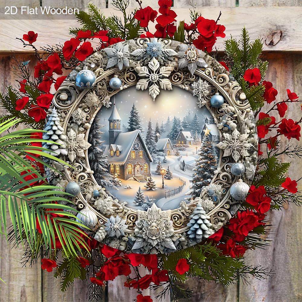 Cute Winter Wonderland Wooden Sign - Navidad Round Sign with Snowhouse Town Pattern - Ideal for Front Door, Wall Hanging Decor - Ideal Christmas Gift