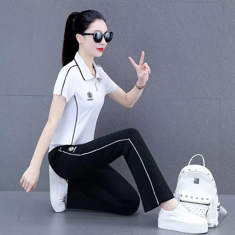 Fashion Sportswear Suit Women's Summer Style Short-sleeved Large Size Casual Wear Straight Pants Two-piece Set