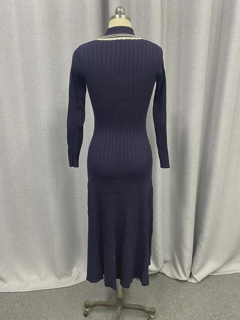 Gonna Lunga Nera Lavorata a Maglia di Alta Gamma con Collo a Polo e Righe – Stile Celebrità Xiao Xiang Autunno/Inverno