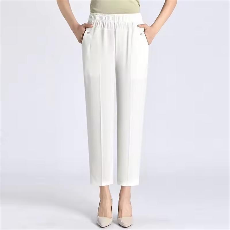 8XL Women Summer Pants Plus Size  Elastic High Waist Casual Ninth Pants Middle-aged Elderly Female Straight Mom Pants