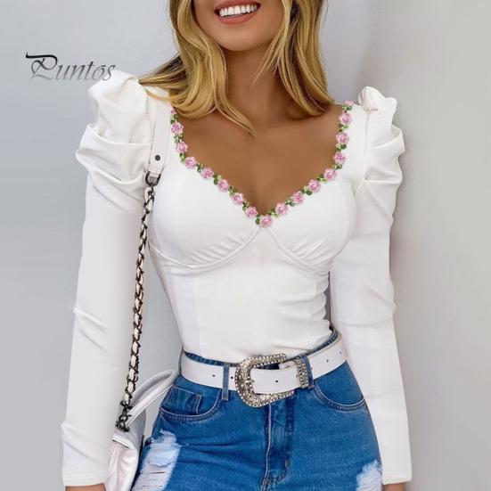 Women Spring Summer Tops Square Collar Puff Long Sleeve T-shirt Flower Decor Solid Color Slim Fit Tee Shirt Streetwear