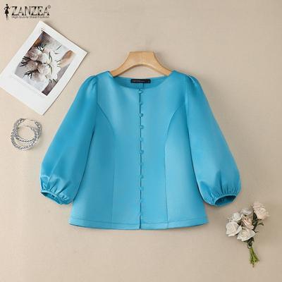 Women Casual Round Neck Solid Color 3/4 Sleeve Blouse