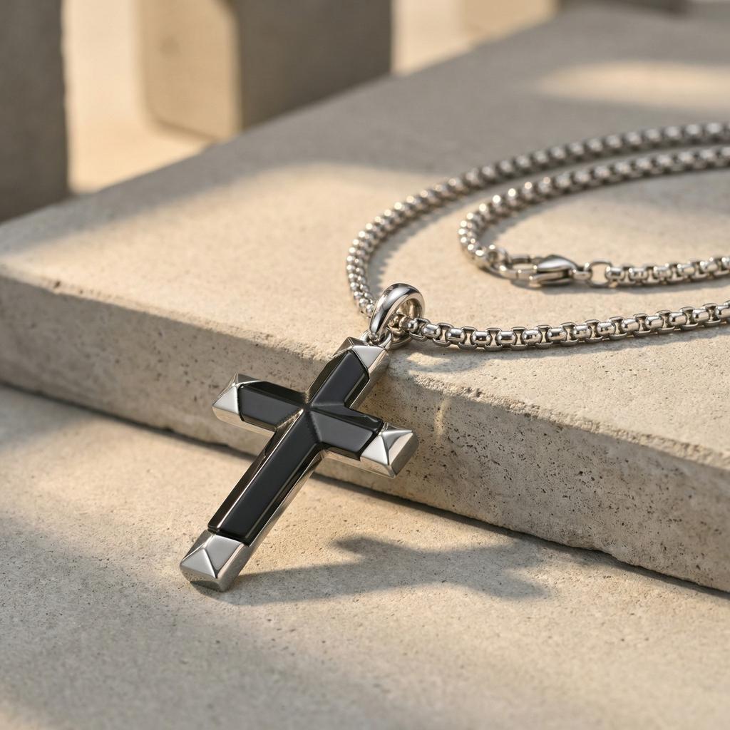 Vnox Natural Black Onyx Cross Necklace for Men, Stainless Steel Pendant Box Chain, Religious Jewelry Gift for Husband Father Son
