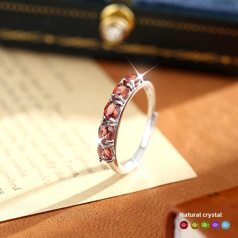 Natural Garnet Row Ring S925 Sterling Silver Ring Niche High-end Crystal Stone Open Ring Fashion Gift
