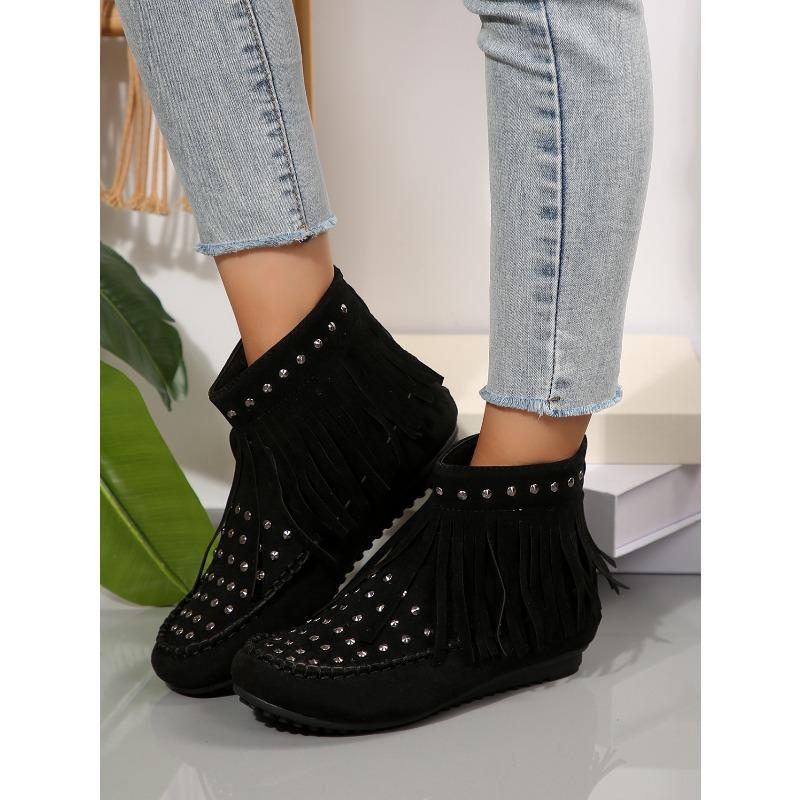 Fall New Style Rivet Fringed Boots for Export, Large Size Women's Round-toe Flat-bottom Short Boots