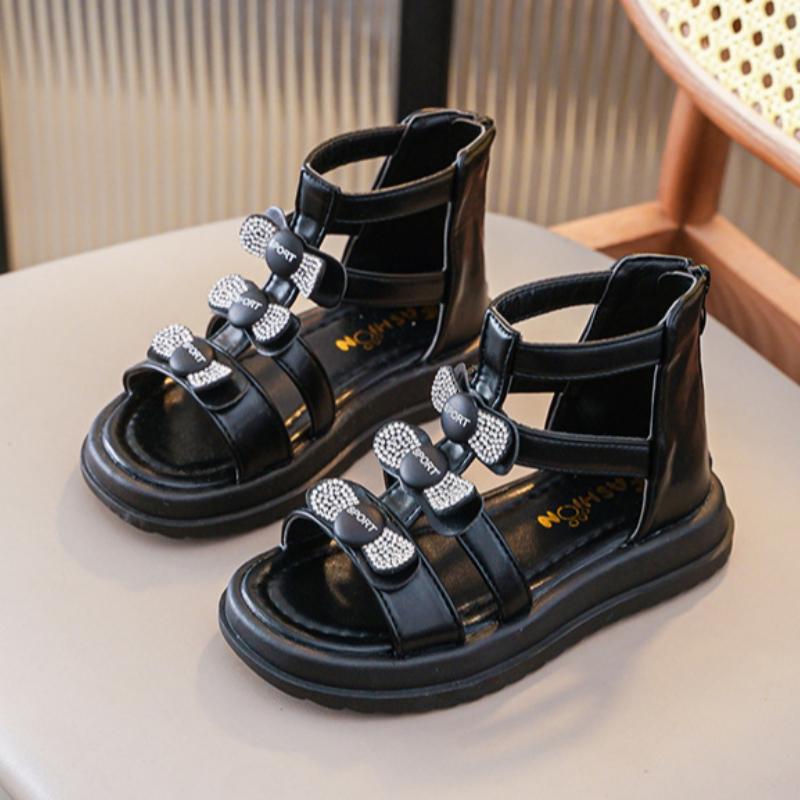 

Босоножки для девочек, летние открытые туфли принцессы со стразами, римские сандалии для учениц средней и старшей школы, для девочек и детей 34 чёрный