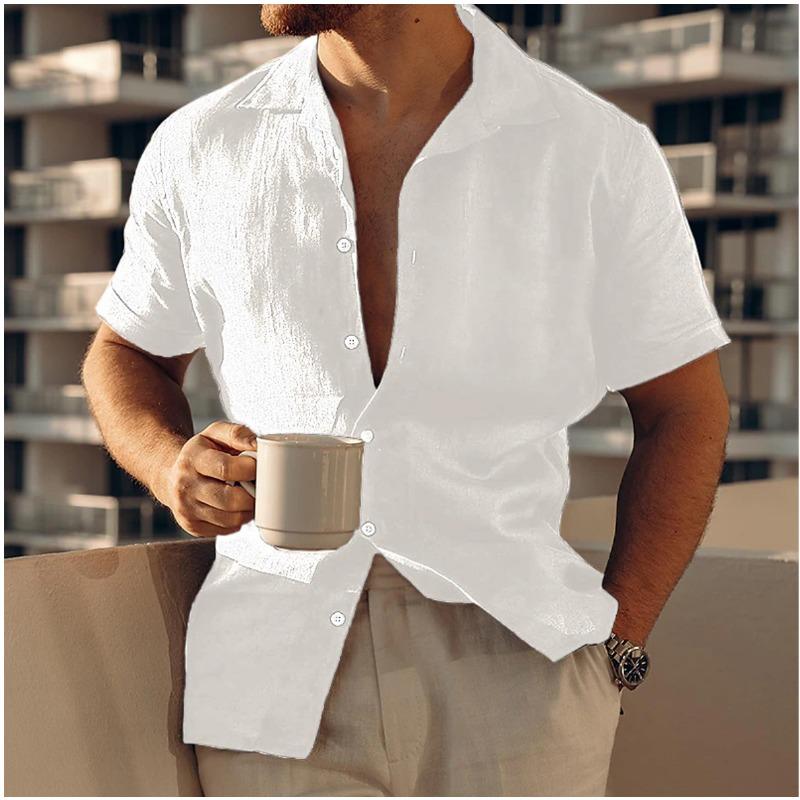 Men's Cross-Border Linen Button Casual Shirt Summer Beach Shirt Short Sleeve Plain Lapel Casual