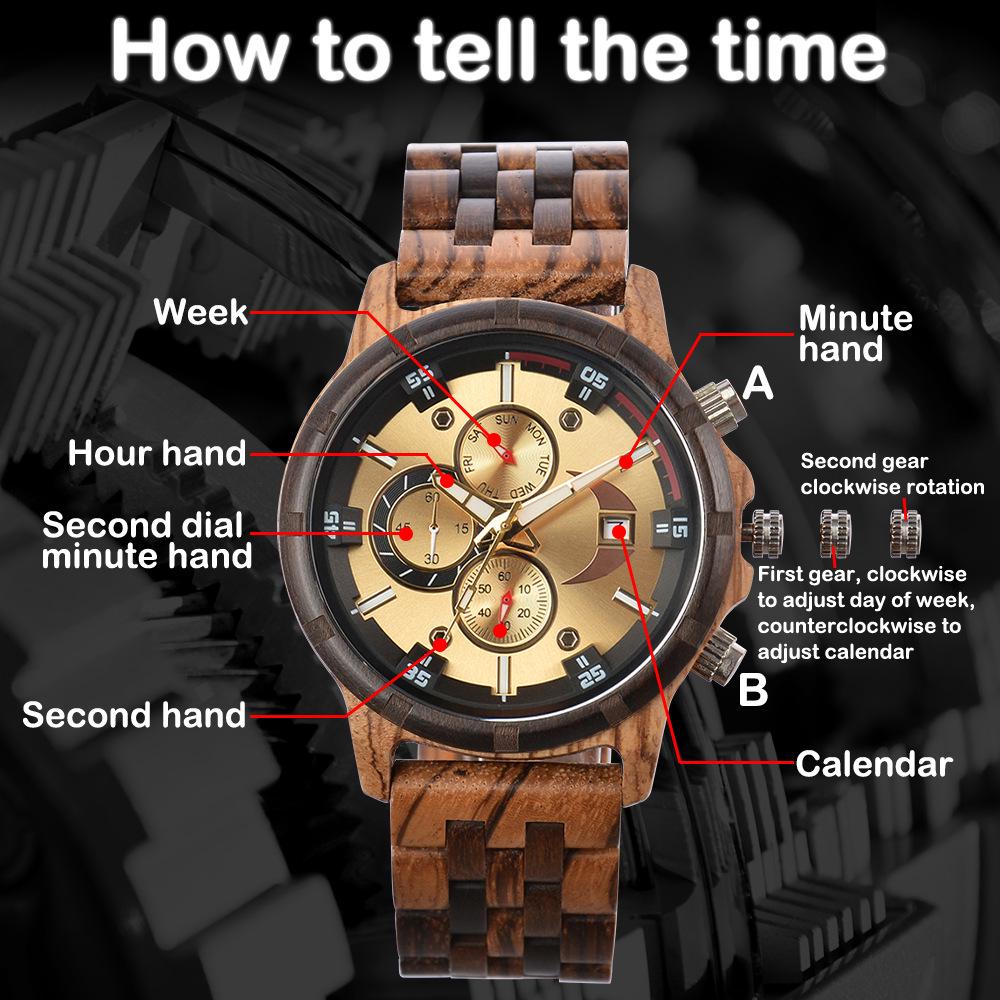 Men's Quartz Wooden Watch with Luminous Multifunctional Large Dial