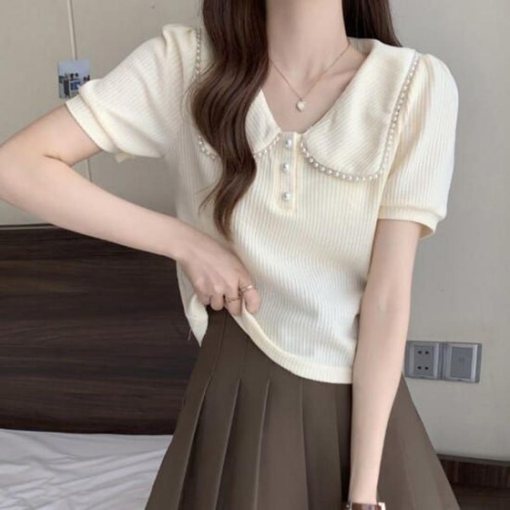 Navava Women Lovely Pearl PoinT ShorT Sleeve Collar T shirT nT2507