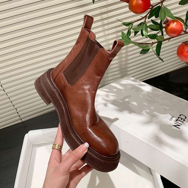 Krazing Pot Cow Leather Autumn Winter Shoes Round Toe Med Heels Slip On Concise Style Women Ankle Boots
