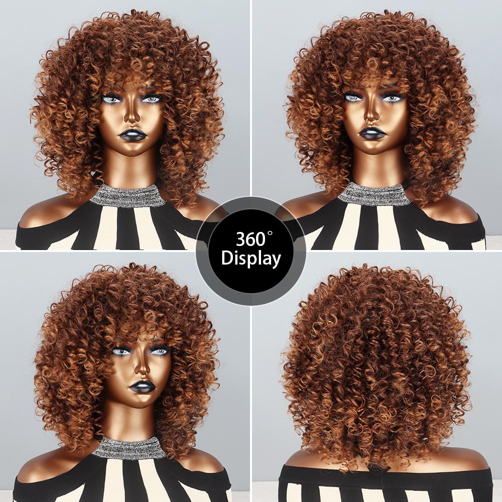 

XINRAN короткие ombre коричневые синтетические высокотемпературные волокна курчавые вьющиеся парики с челкой для чернокожих женщин бесклеевые волосы для косплея 30CM