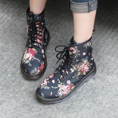 Plus Size Women Low Heel Floral Martin Boots Botas Feminina