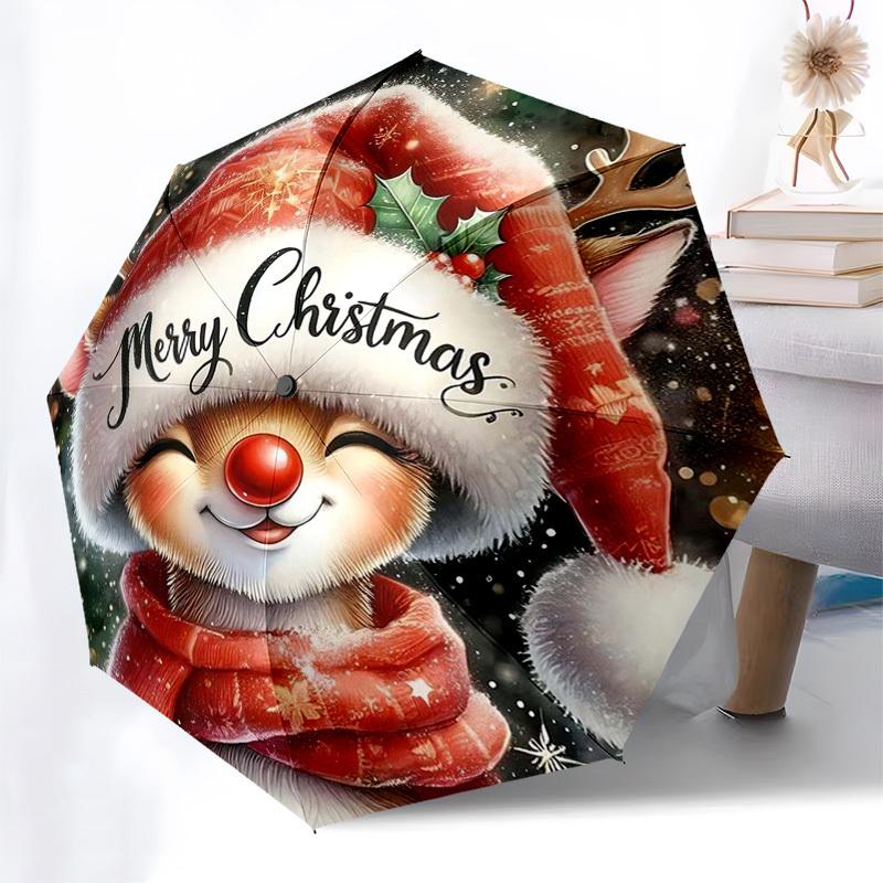 

1pc Merry Christmas! Festive Santa Hat with Reindeer Antlers, Auto Open Close Umbrella, Portable 3-Fold Design, 8-Bone Iron Frame, Outdoor Umbrella, P