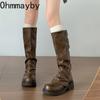 Winter Street Knight Knee High Top Women Concise Thick Heels Female Retro Slim Long Booties De Muje for Adult Women