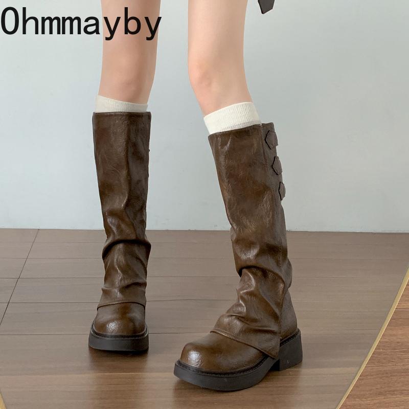 Winter Street Knight Knee High Top Women Concise Thick Heels Female Retro Slim Long Booties De Muje for Adult Women