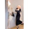 French high-end off-the-shoulder suspender knitted dress women's summer Hepburn style waist medium and long swing dress children