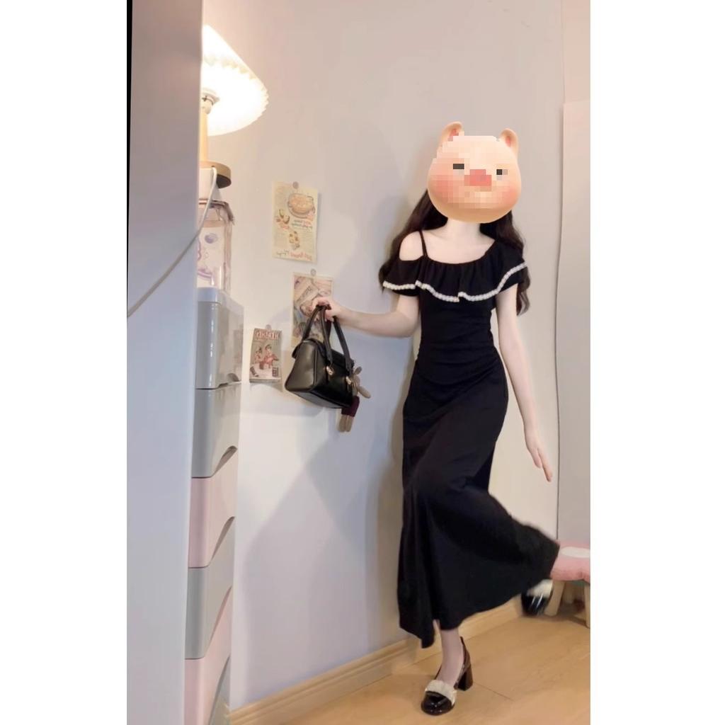 French high-end off-the-shoulder suspender knitted dress women's summer Hepburn style waist medium and long swing dress children
