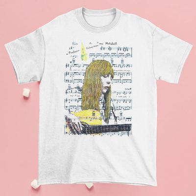 T-shirt Blanc Coton S-5XL Unisexe Joni Mitchell Avec Guitare Musique