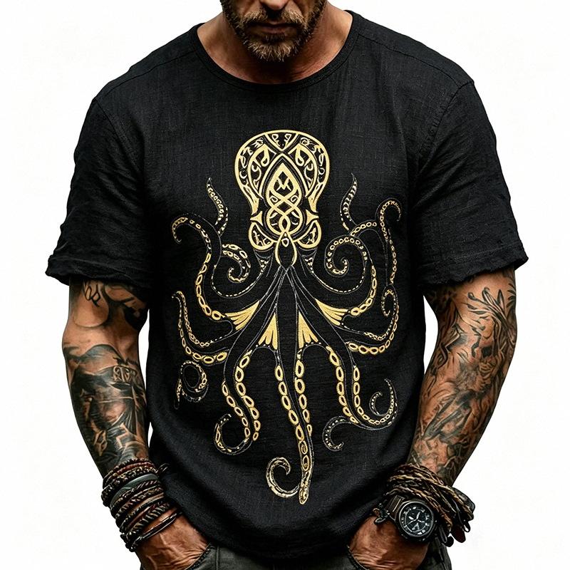 Camiseta de Manga Corta para Hombre de Mezcla de Lino Color Beige con Estampado de Pulpo