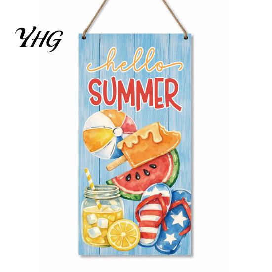 Porch Hanging Sign Summer Wooden Sign, Welcome Front Door Decor with Refresh Home Rope, Colorful Hanger for Seasonal Farmhouse Beach House Ready