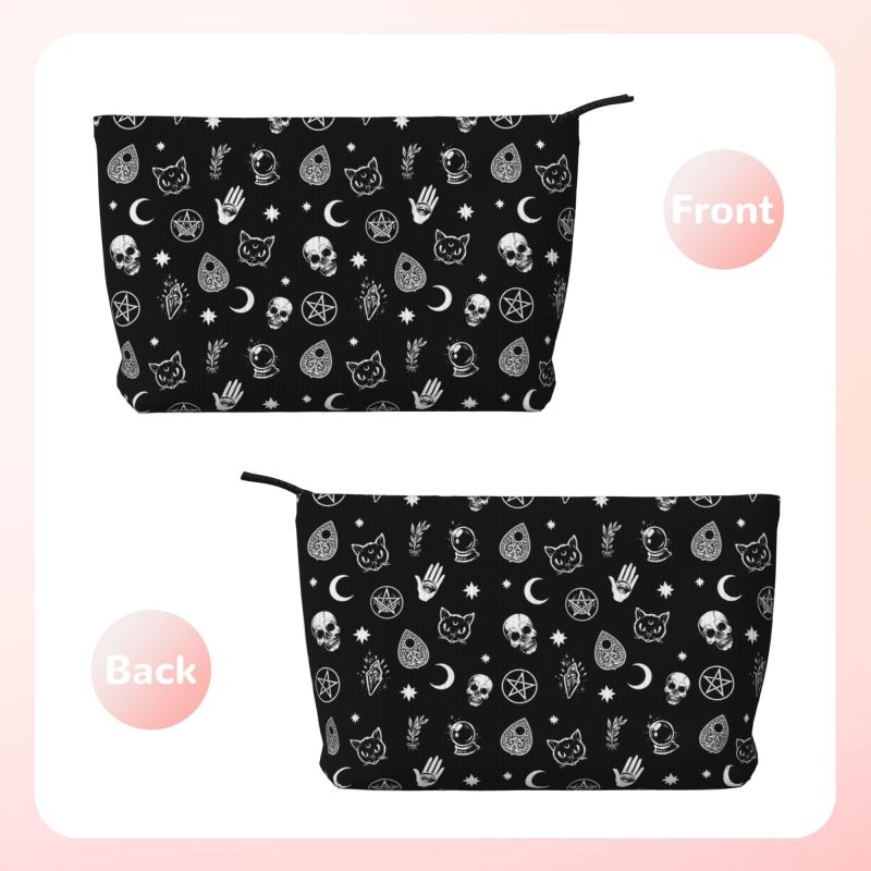 Halloween Makeup Bag Gothic Skull Cat Large Capacity Portable Toiletry Bags with Lined Goth Zipped Cosmetic Bag Pouch for Women